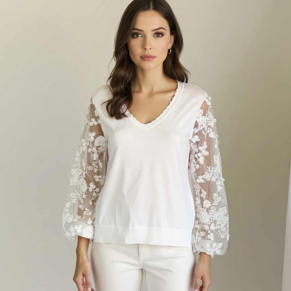Sioni White Women's Mixed Media Lace Floral Balloon Sleeves Sweater Size Medium